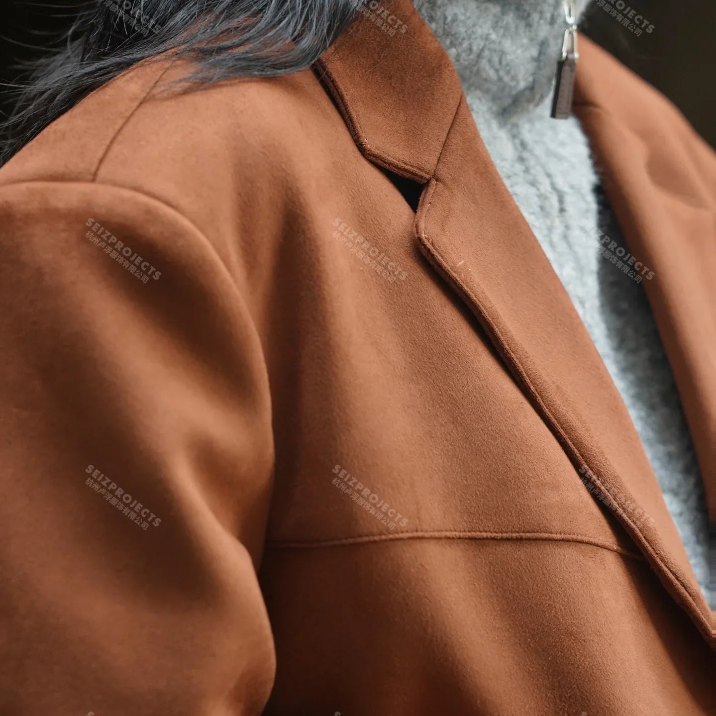 Winter Curved Pocket Oversized Blazer Suede Jacket Brown Green Loose Straight Coat For Women