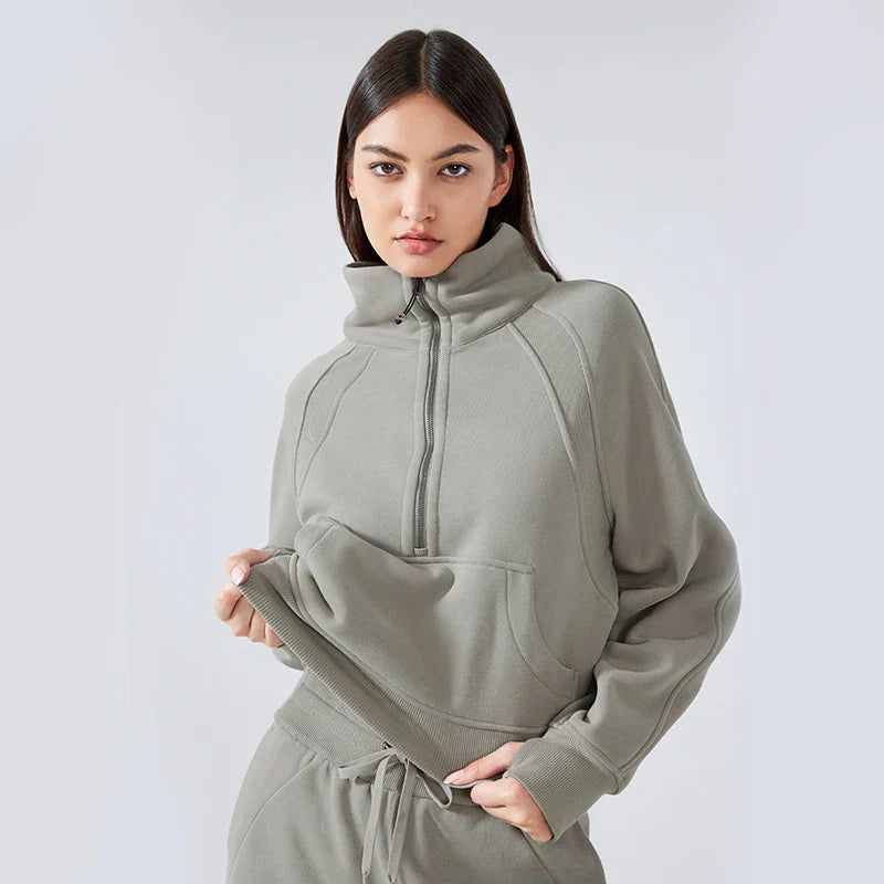 Autumn New Half Zipper High Stand Collar Pullover Top for Women's , Warm and Fleece Thick Sports Hoodie for External Wear