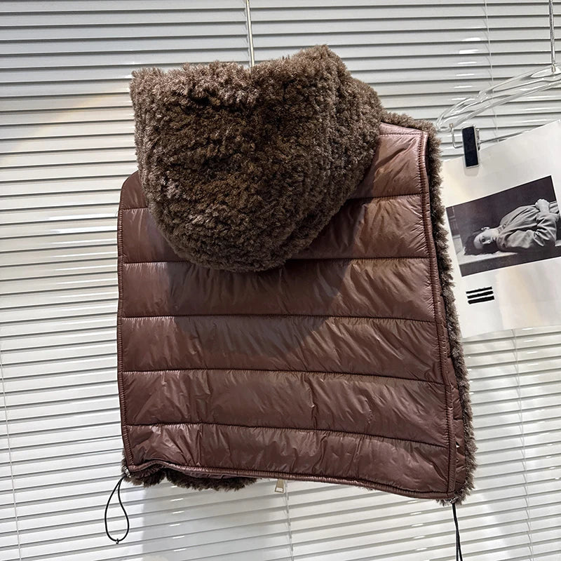 Winter New Fashion Fur Patchwork Design Hooded Warm Cotton Vest For Women Versatile High Street Waistcoat 11A07740