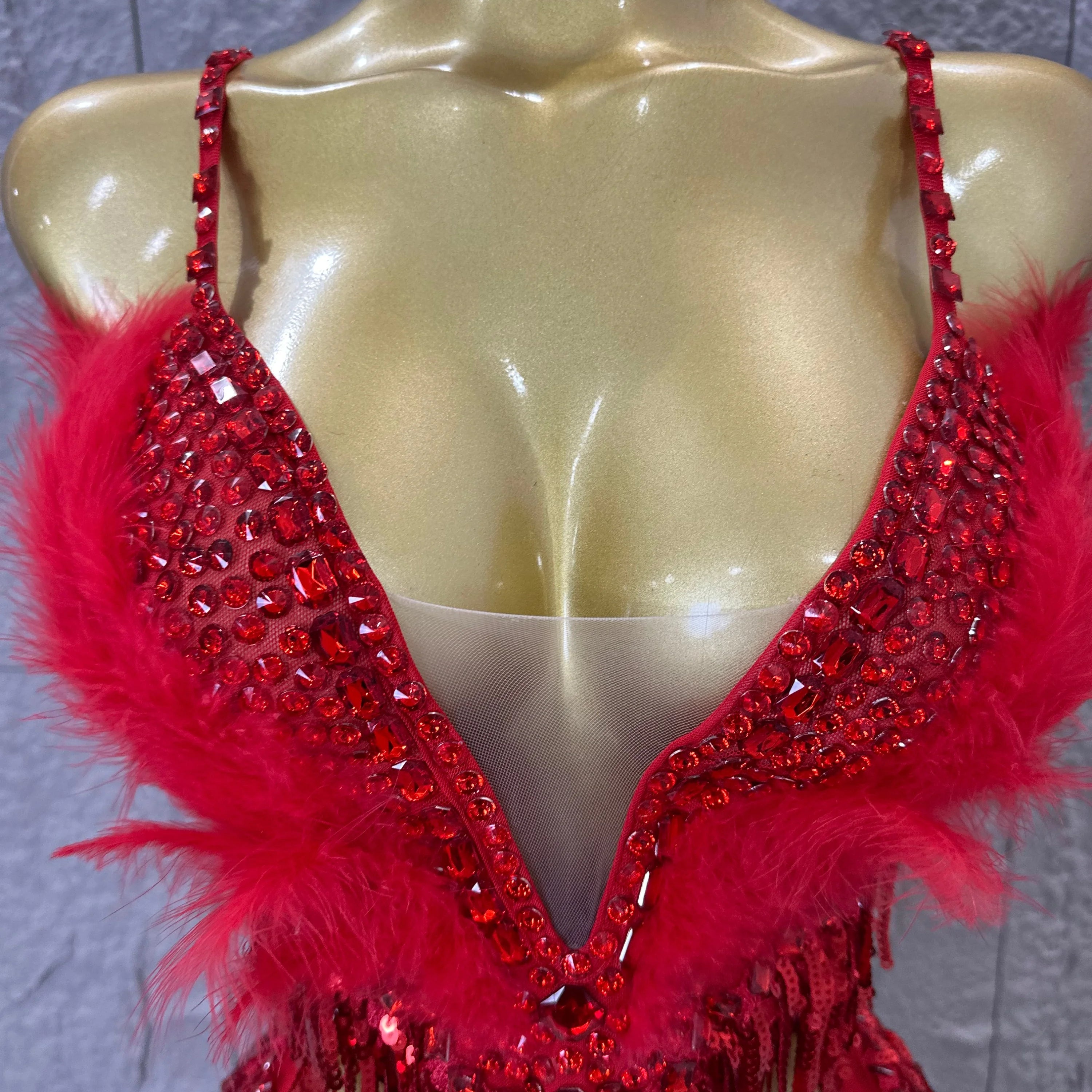 Luxurious Sheer Mesh Bodysuit Women Sexy Crystal Embellished Feather Fringe Trim Spaghetti Strap Outfit Stage Performance Outfit