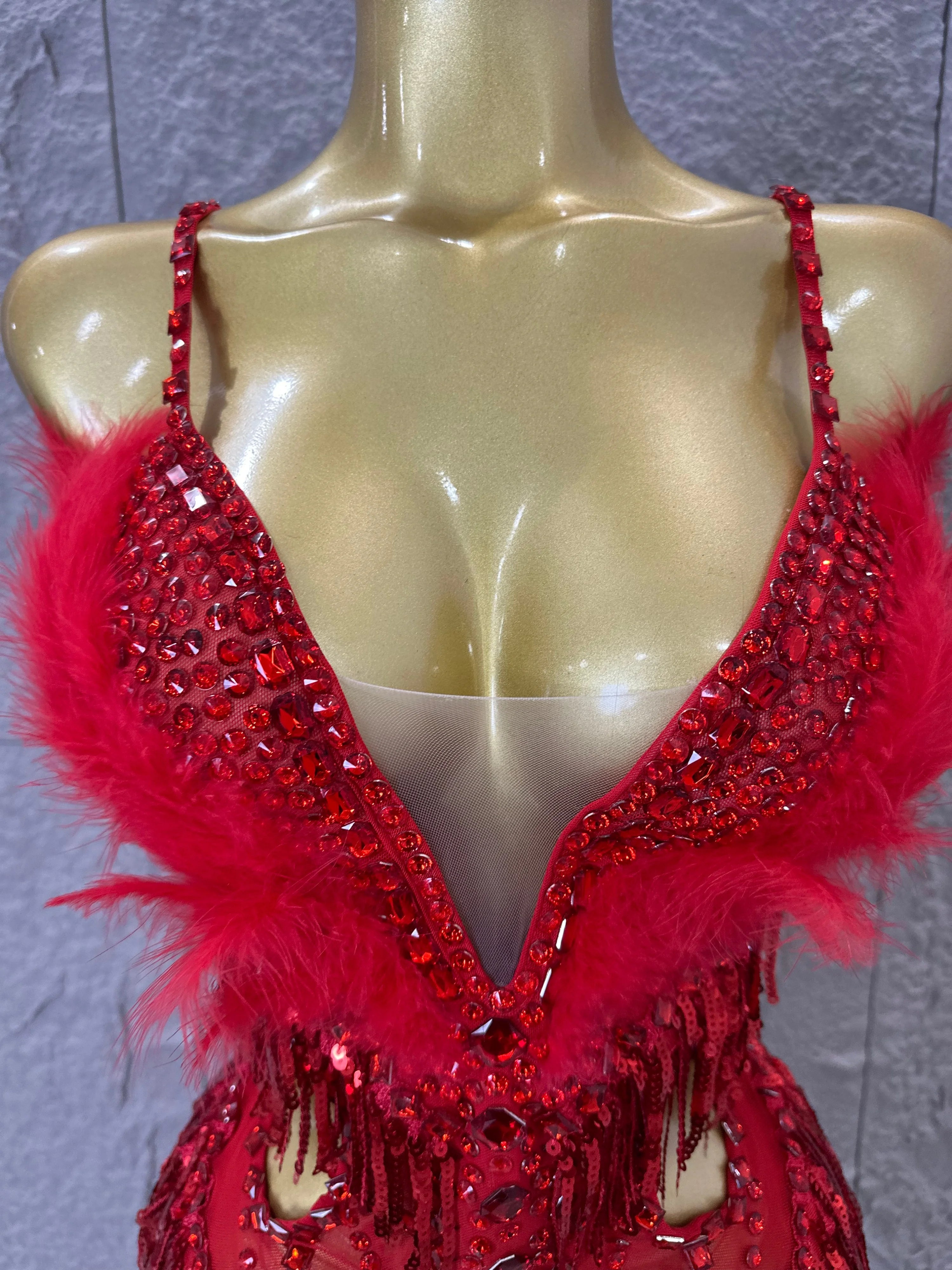 Luxurious Sheer Mesh Bodysuit Women Sexy Crystal Embellished Feather Fringe Trim Spaghetti Strap Outfit Stage Performance Outfit