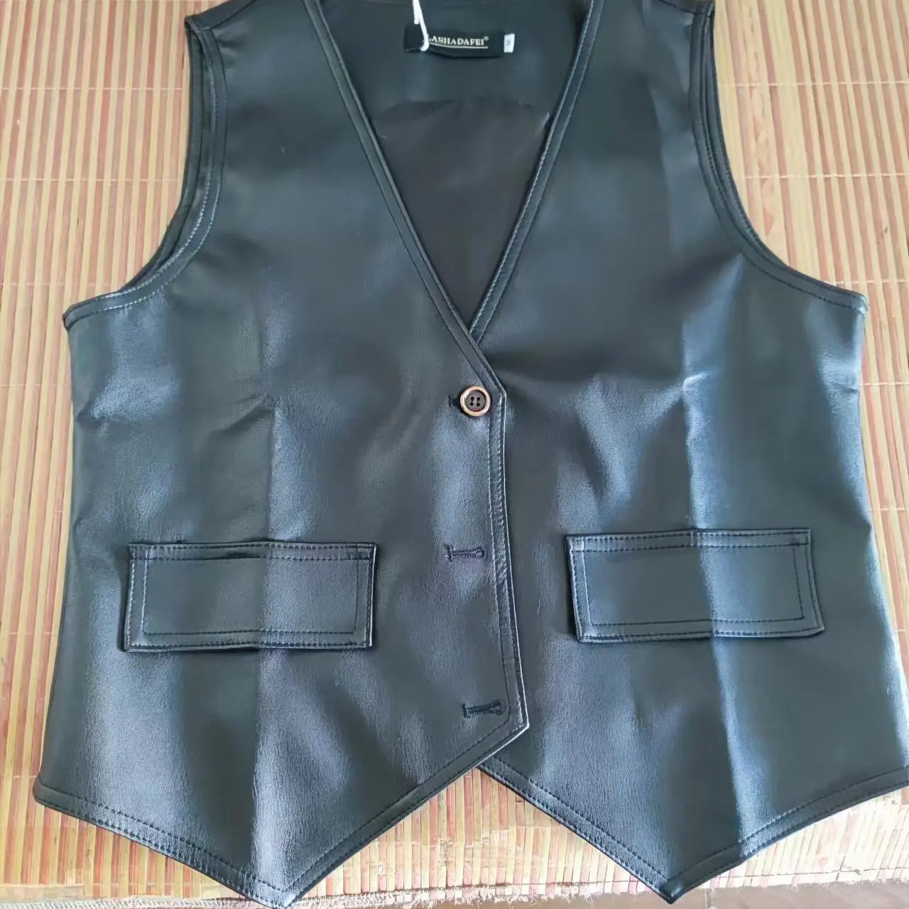 Vintage Cropped PU Leather Vest for Women V-neck Button Slim Waistcoat Spring Autumn Sleeveless Jacket Female Vests