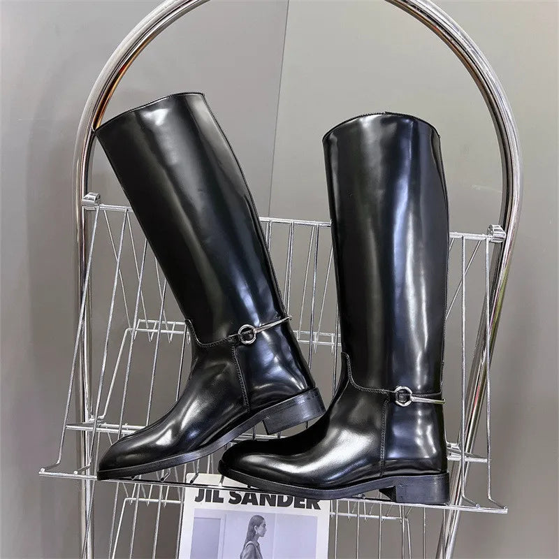 Autumn Winter Women Knee High Boots for Woman's Round Toe Low Heels Knight Boots Sexy Slip-On Women Thick Bottom Motorcycle Shoe