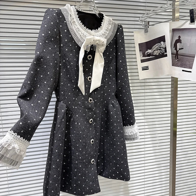 Winter New Fashion Style Diamond Bow Waist Woolen Quilted Trench Coat For Women Elegant Long Windbreaker 11A07557