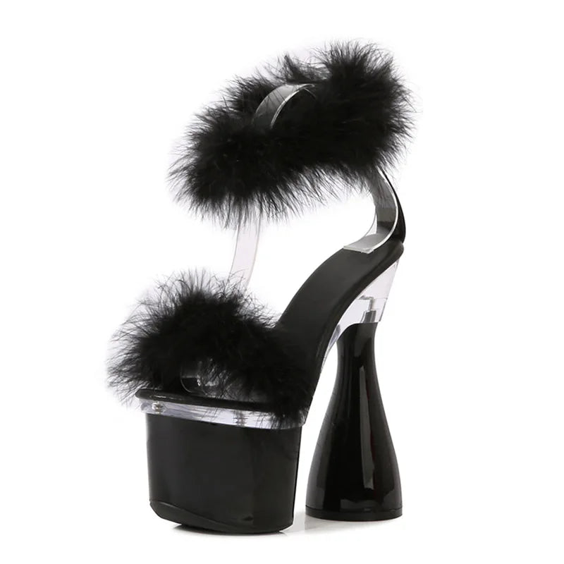 Women's 17.5CM Ultra High Heel Black White Red Platform Sandals Summer Fashion Furry Open Toe Nightclub Stage Round Heels Shoes As picture shown 1
