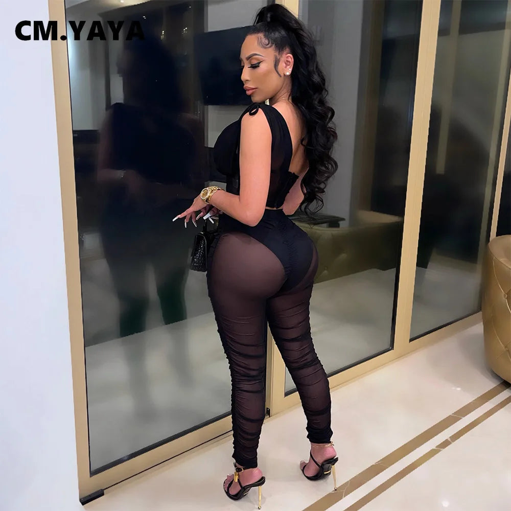 Mesh See Though Women's Set One Shoulder Sleeveless Crop Top and Stacked Pants Suit 2023 Two 2Piece Set Outfit Tracksuit