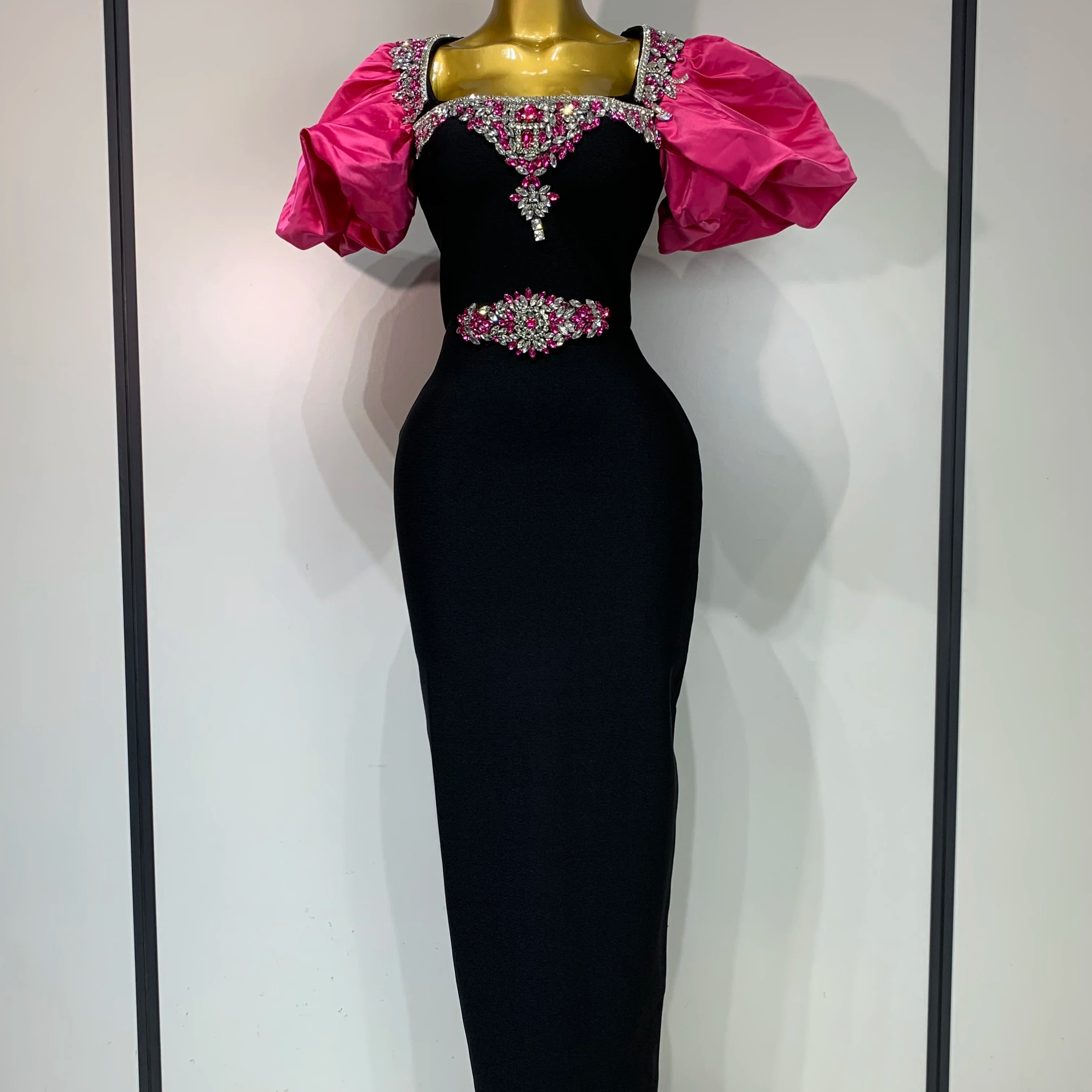 Women Sexy Puff Sleeve Square Collar Shinning Crystal Bodycon Long Bandage Dress Celebrate Evening Party Luxury Birthday Dress black