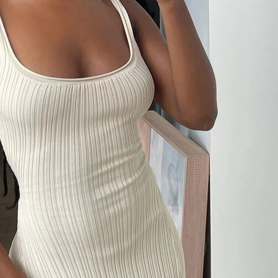 Summer Long Beach Dress for Women Knit Tank Sleeveless U-Neck Party Cocktail Dress Club Streetwear