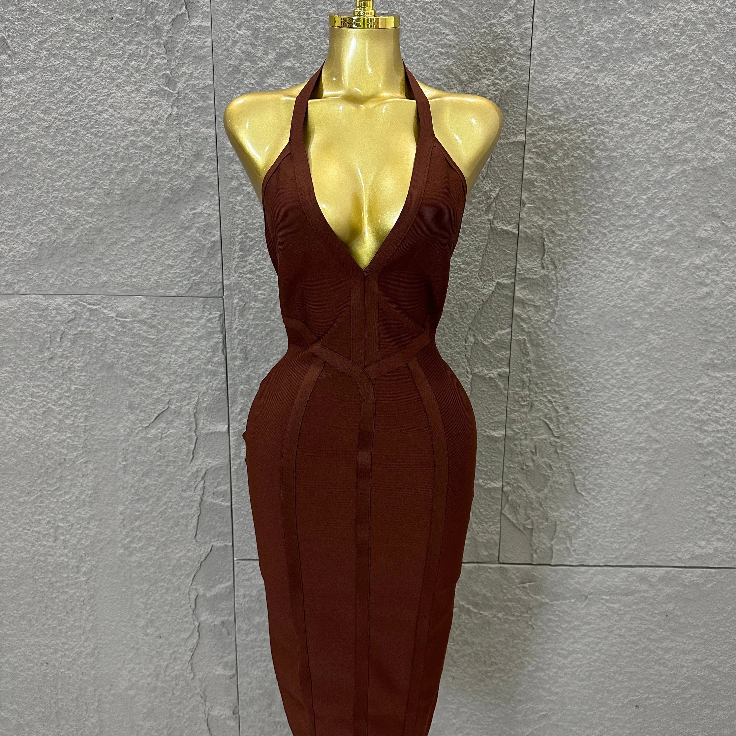 Elegant 2026 Brown Bandage Midi Dress Women Sexy Halter Neck Deep V Bodycon Evening Party Costume Cocktail Party Costume Brown