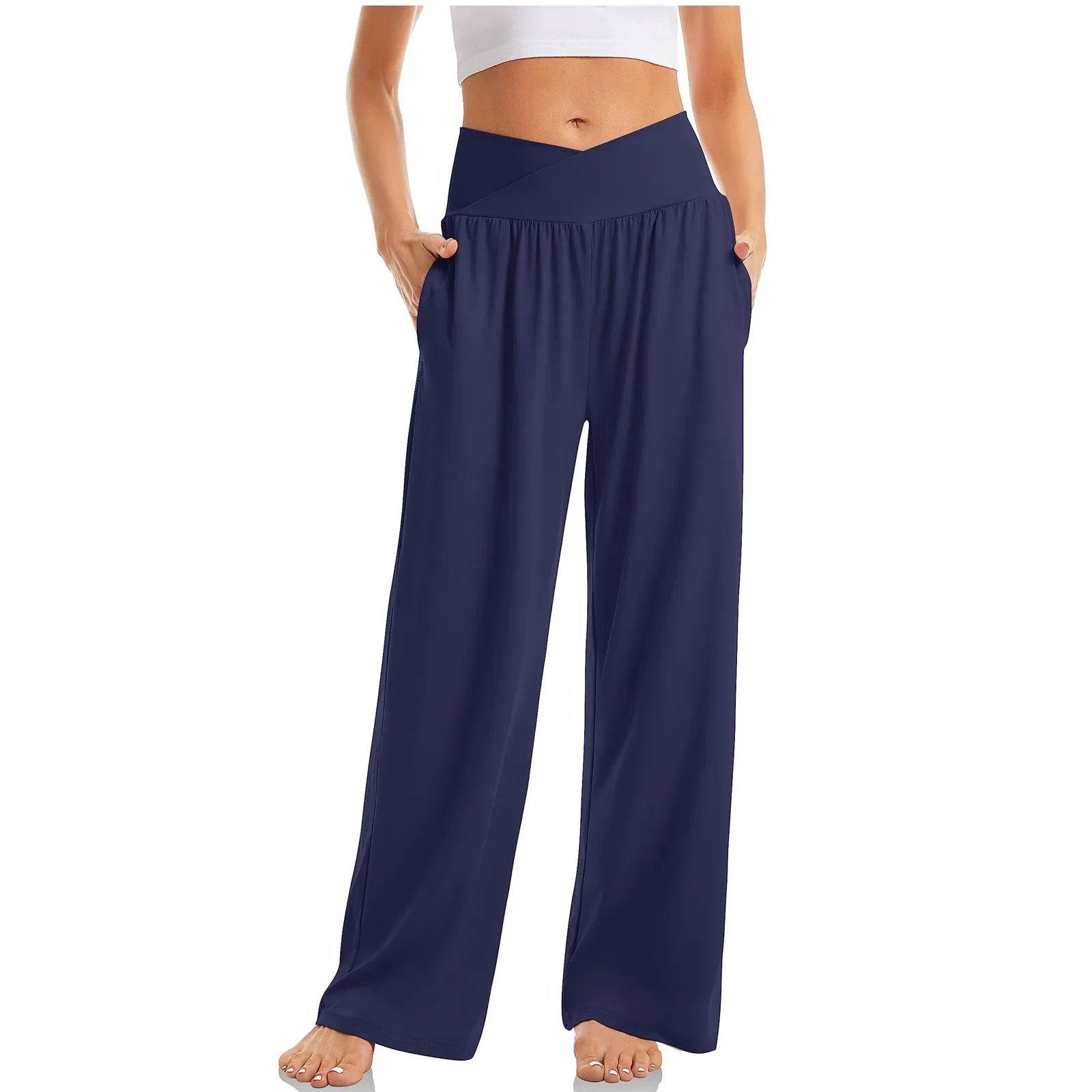 Women's High Waist Solid Color Casual Trousers Wide Leg Sports Pants With Pockets Navy