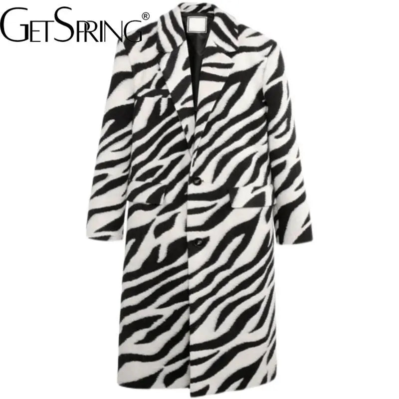 Women Wool Coat Temperament Zebra Pattern Full Sleeve Winter Jacket All Match Outwear Loose Long Overcoat Autum