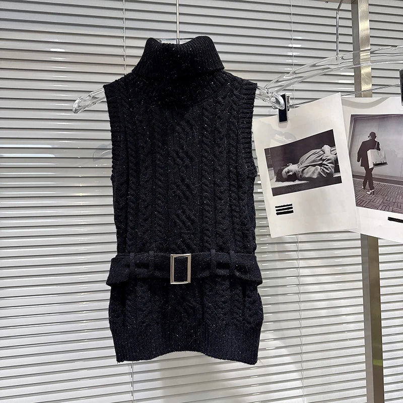 Winter New Fashionable Elegant Jacquard Knitted High Neck Vest With Belt Vest For Women Solid Color Tank Top 11A07949 Black One Size