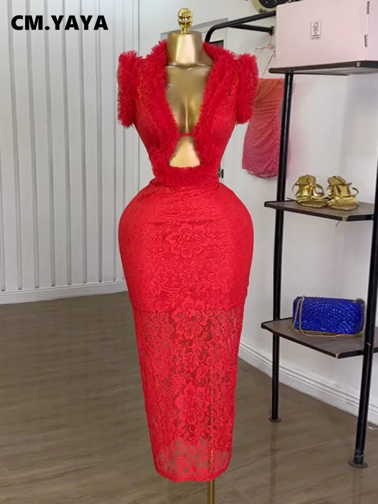 CM.YAYA Women Ruffles Splicing Deep V-neck Lace Floral Bodycon Midi Dress 2025 Birthday Night Club Party Vestidos Sexy Dresses
