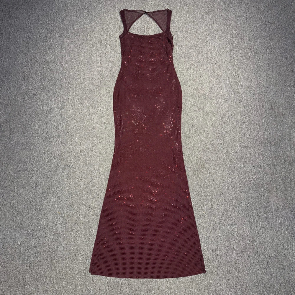 Multi Colours Shiny Rhinestones Mesh Patchwork Long Dress For Women Backless Slim Bodycon Evening Party Cocktail Gowns Burgendy