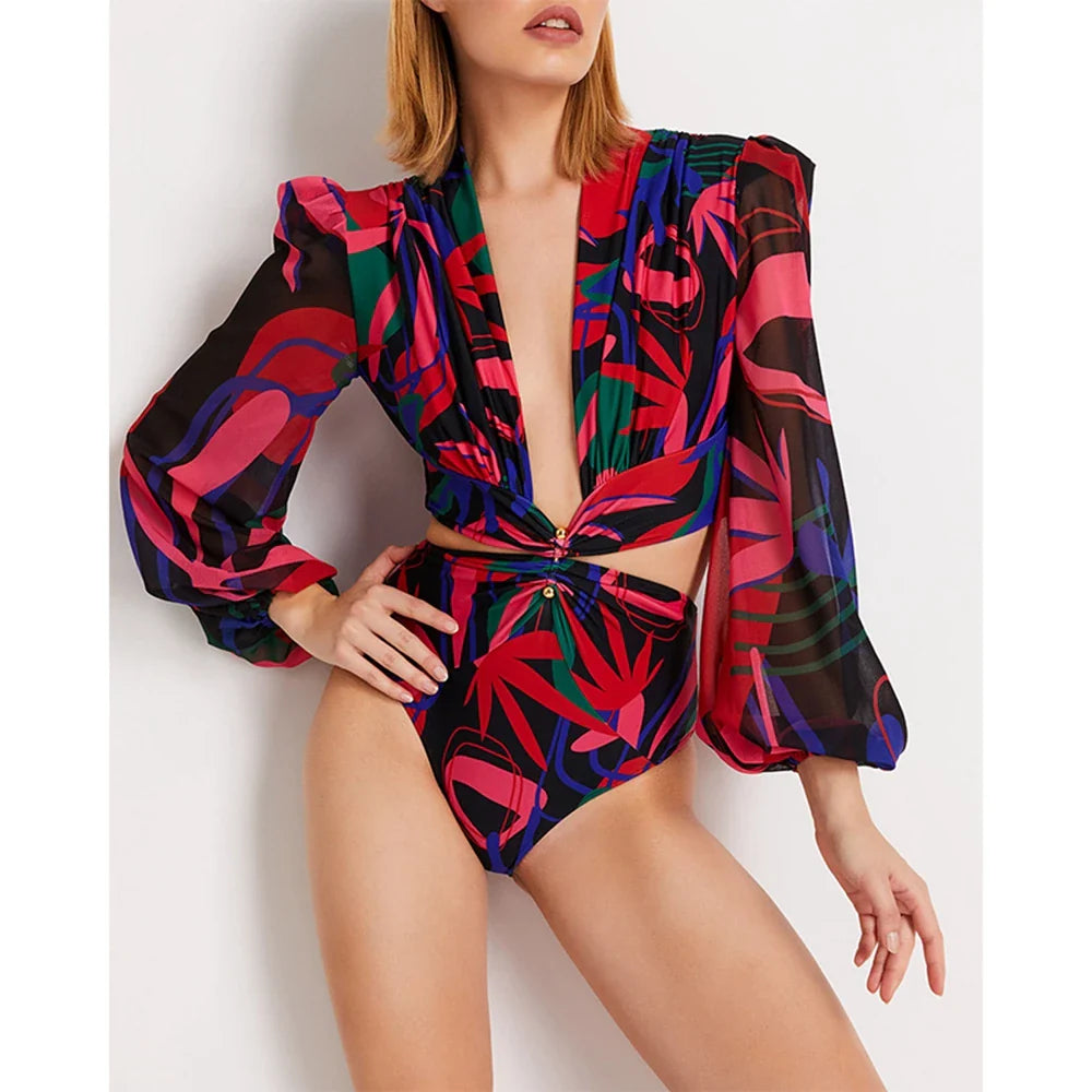 New Sexy One Piece Swimsuit Deep V Neck Swimwear Woman Monokini Long Sleeves Print Cut Bathing Suit Women Summer Beach Wear NO5