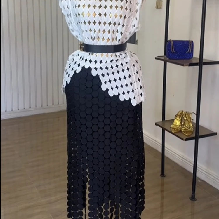 CM.YAYA Women Cutout O-neck Crop Top and Bodycon Midi Slim Maxi Long Skirt Suit 2025 Summer Vacation Sexy Two 2Piece Set Outfits