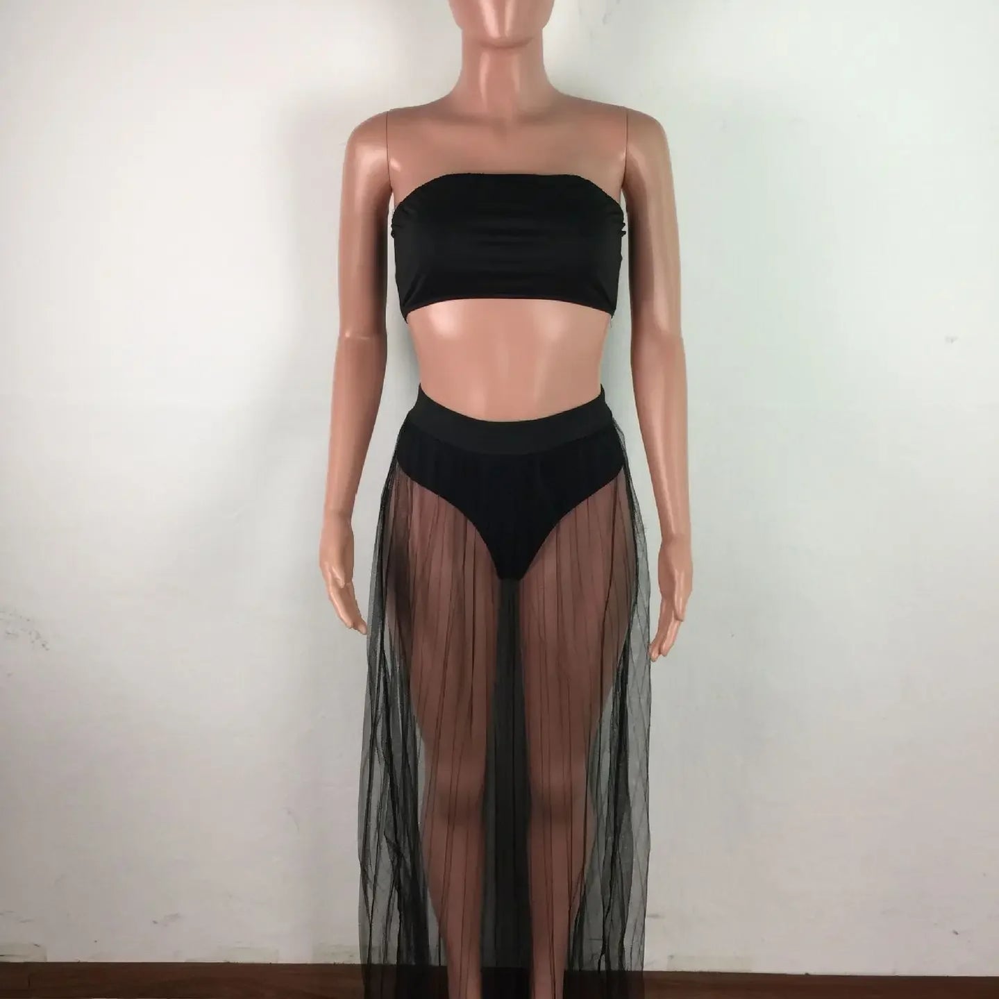 Women Mesh See Though Two Piece Set Sexy Beach Strapless Tops and Pleated Maxi Skirts Matching Set Summer Outfits
