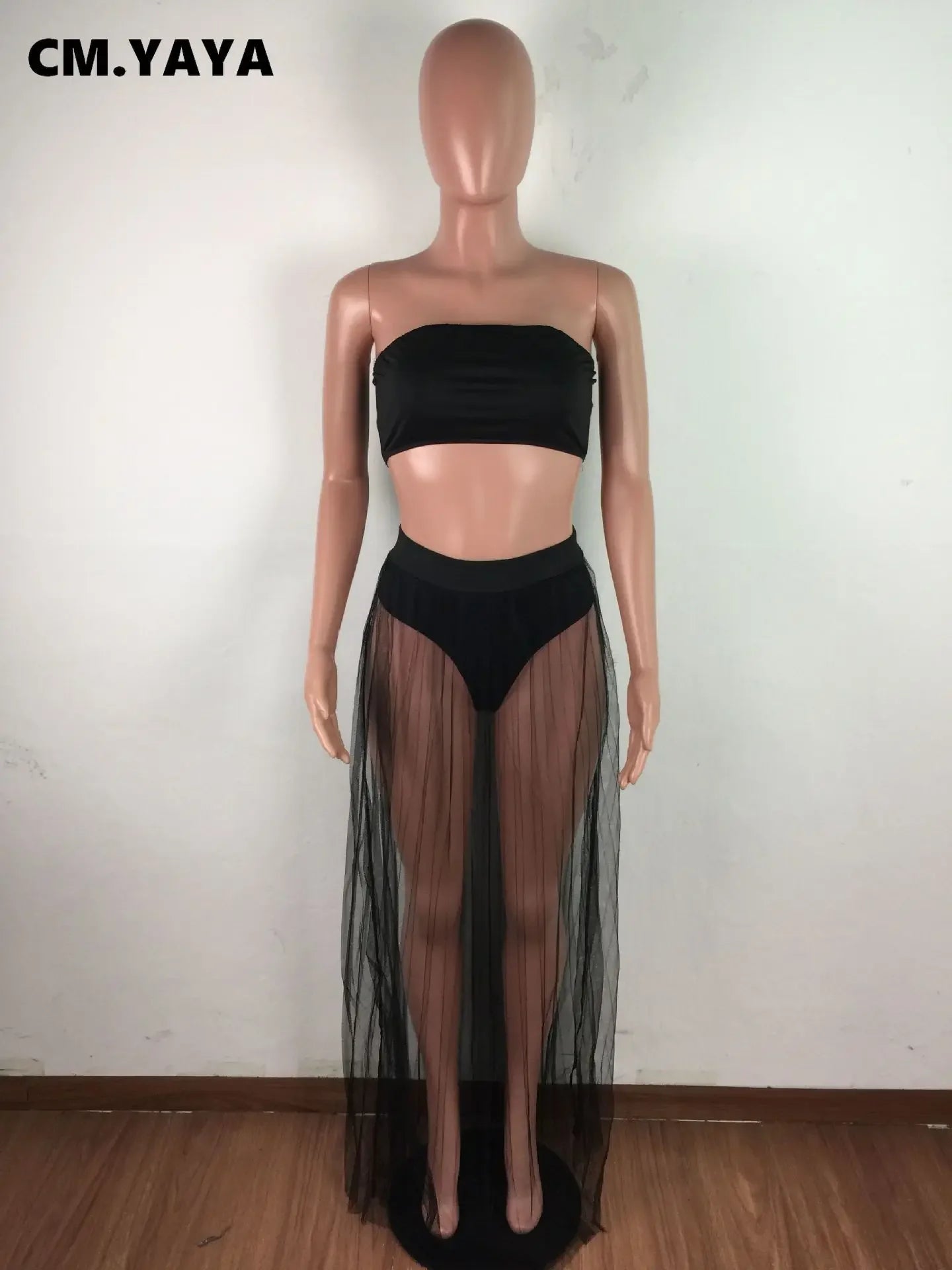 Women Mesh See Though Two Piece Set Sexy Beach Strapless Tops and Pleated Maxi Skirts Matching Set Summer Outfits