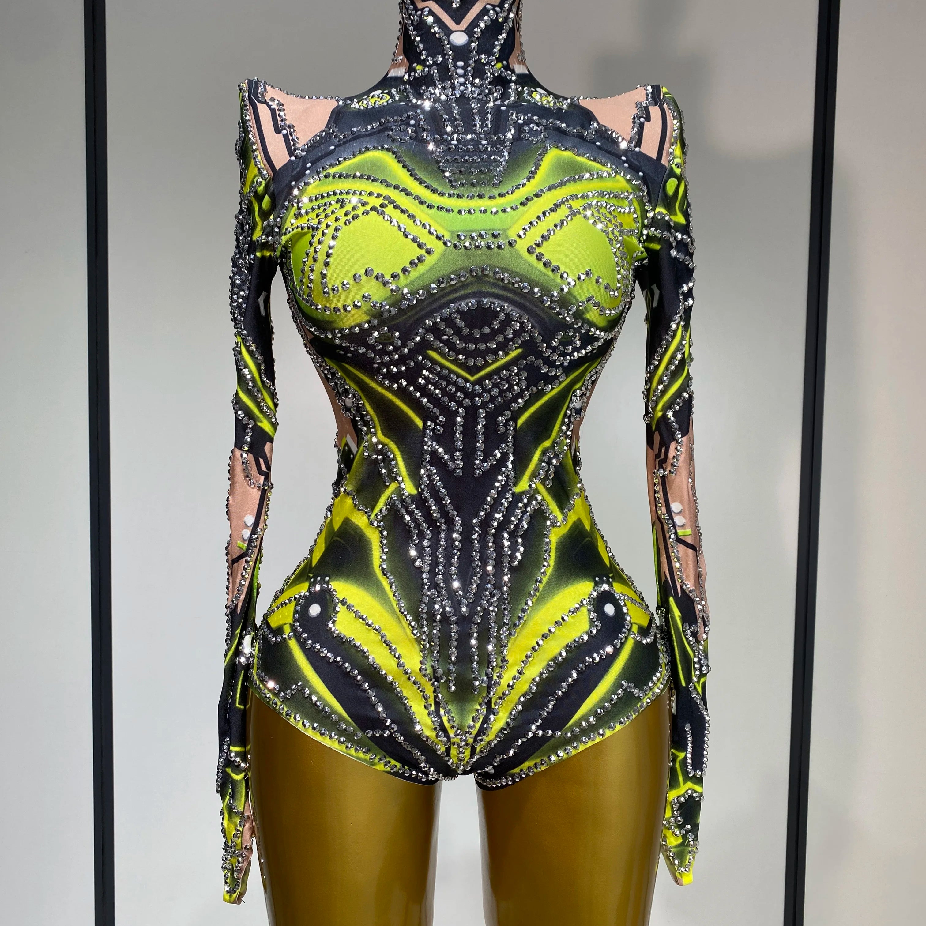 Women Sparkly Rhinstones High Street Bodysuit Performance Dance Singer Costume Nightclub Evening Party Birthday Stage Outfit Fluorescent Green