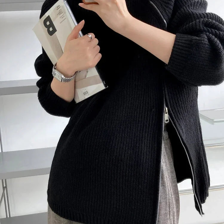 Women's Turtleneck Zipper Oversize Fashion Women Sweaters Autumn Knitwears Loose Thick Warm High Neck Solid Pullovers Women black