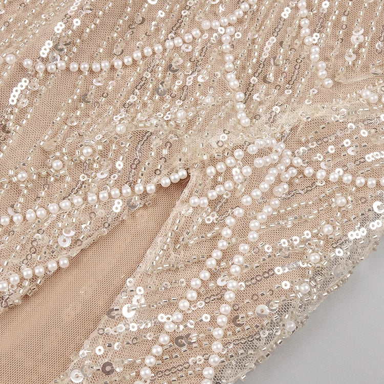 Pearls Sequins Cut Out Mermaid Long Dress Beaded Nude Mesh Patchwork High Side Split Prom Formal Occasions Evening Gown