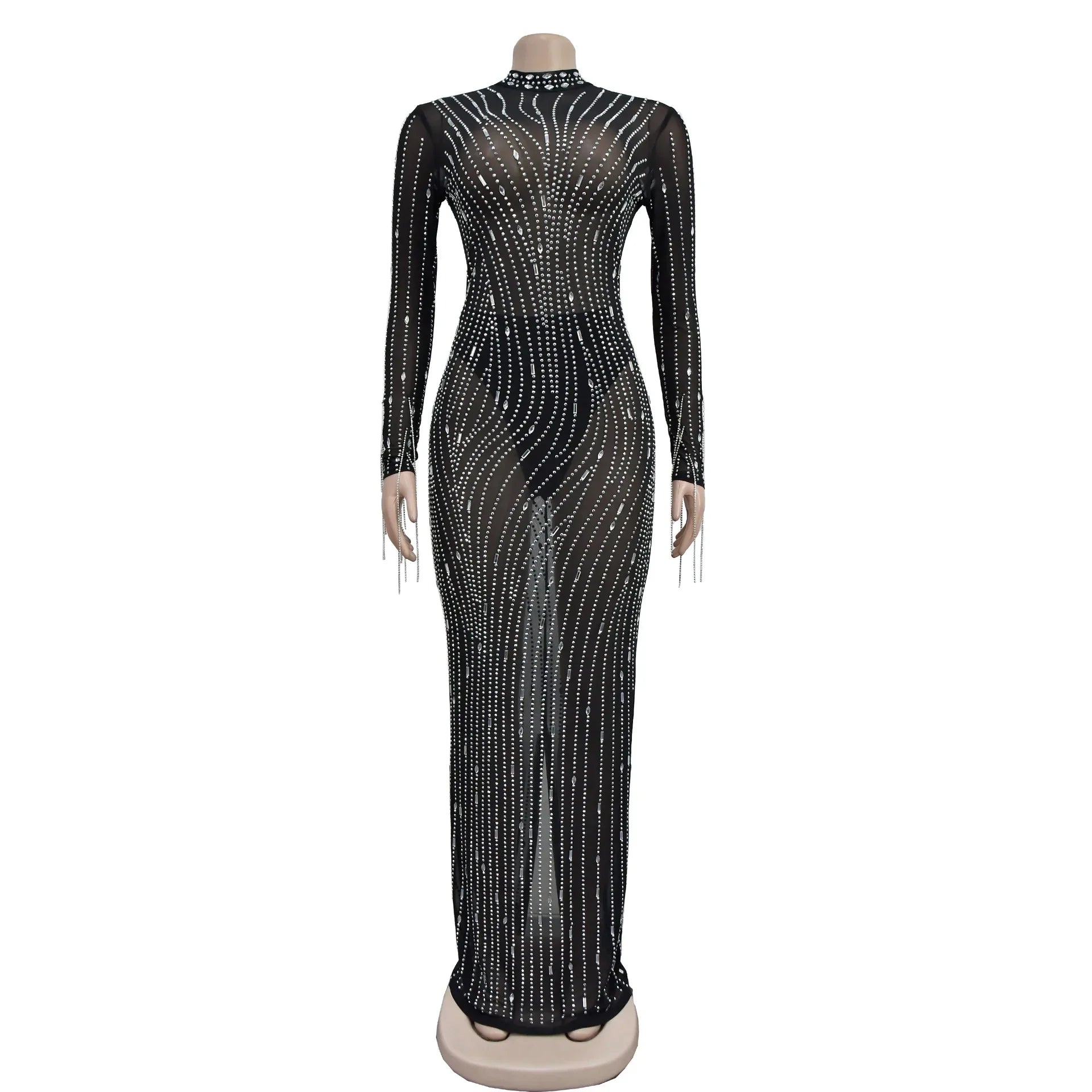 2024 Women Long Sleeve Mesh See Through Diamonds Hot Rhinestones Bodycon Dress Woman Maxi Long Evening Birthday Dresses