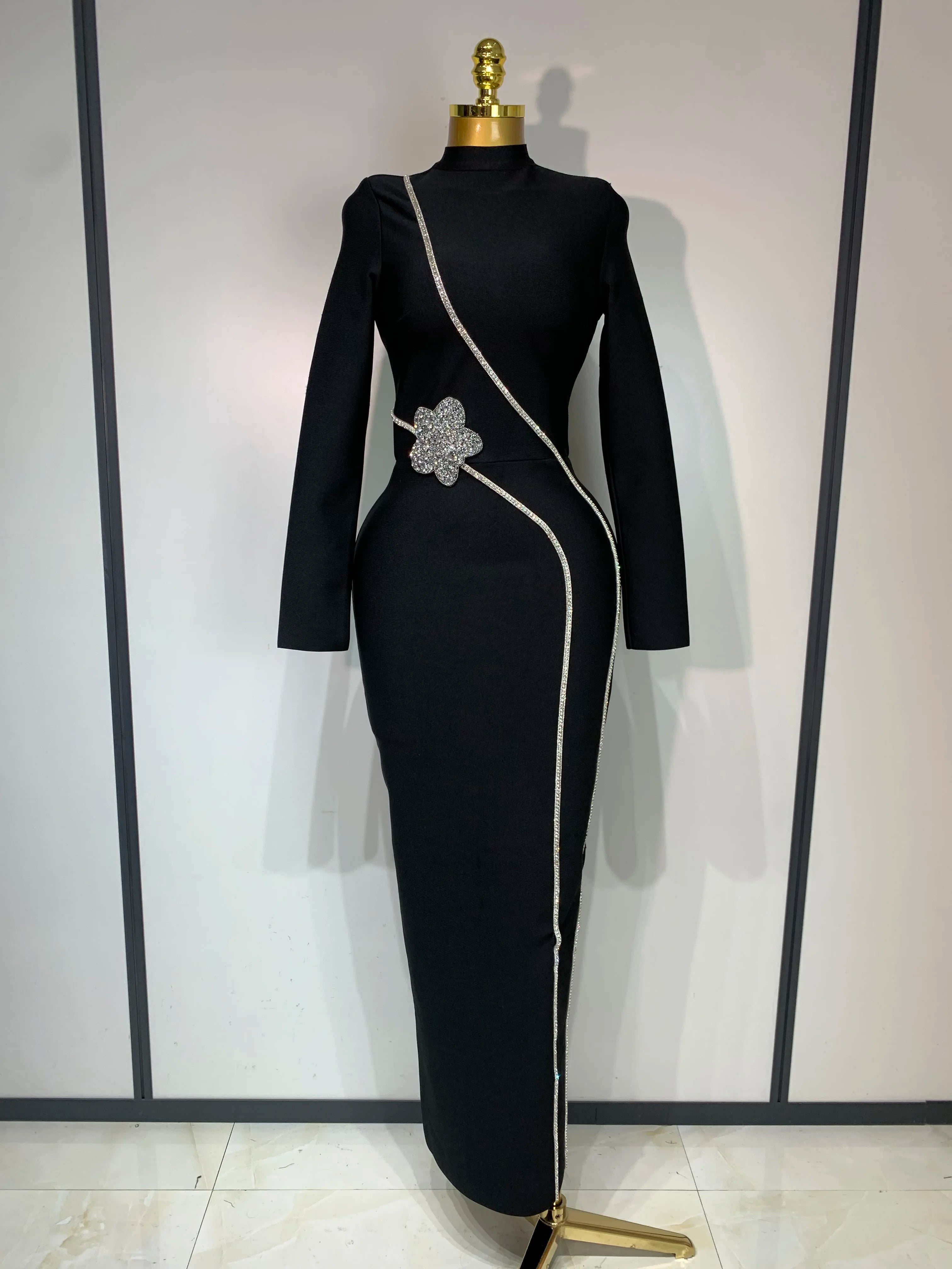 2025 Newest Fashion Designer Party Dress Women's Formal Long Sleeve Diamonds Bodycon Bandage Dress Elegant Luxury Birthday Gown black