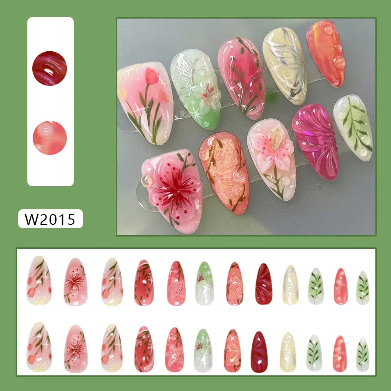 24pcs Flower Print Press on Nails Retro Color Blush Almond Fake Nail Tips Detachable Wearable Sweet Cool Spice Girl False Nails 4