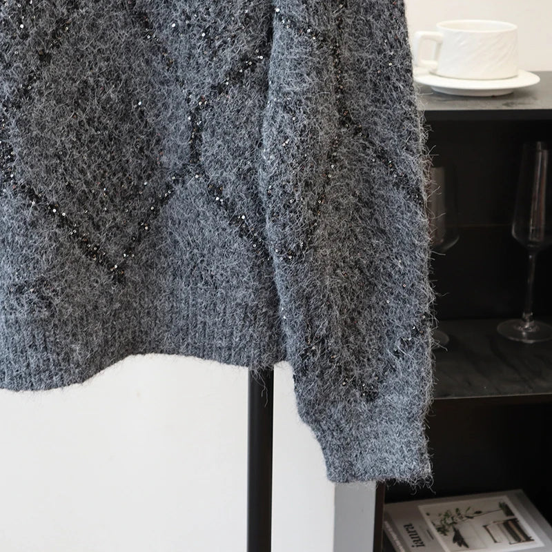 Autumn Winter New Sequin Design Round Neck Knitted Cardigan For Women Loose Casual Sweater Coat Female 11A07625