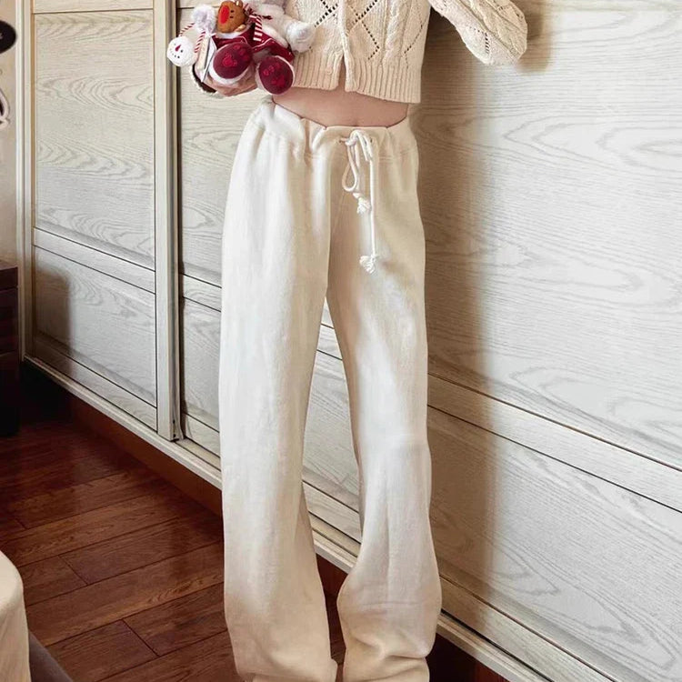Y2K Girl Casual Women Fashion Soft Cotton Drawstring Wide Leg Pants Summer Vintage Low Waist Solid Color Female Pants Mujer BSBM014 One Size