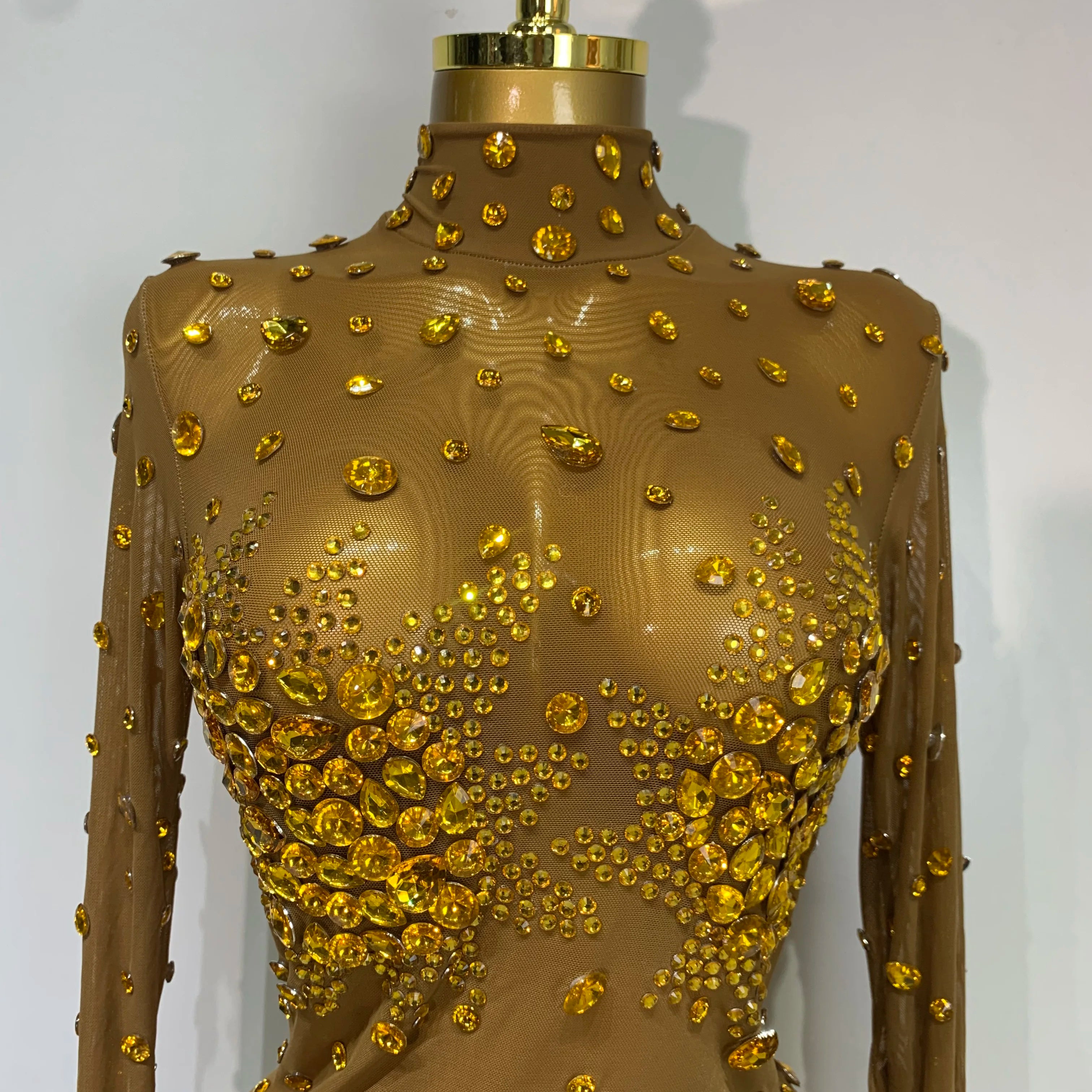 Women Sexy Gold Rhinestones Sparkly See Through Mini Dress Evening Party Fashion Performance Stage Outfit Luxury Birthday Dress