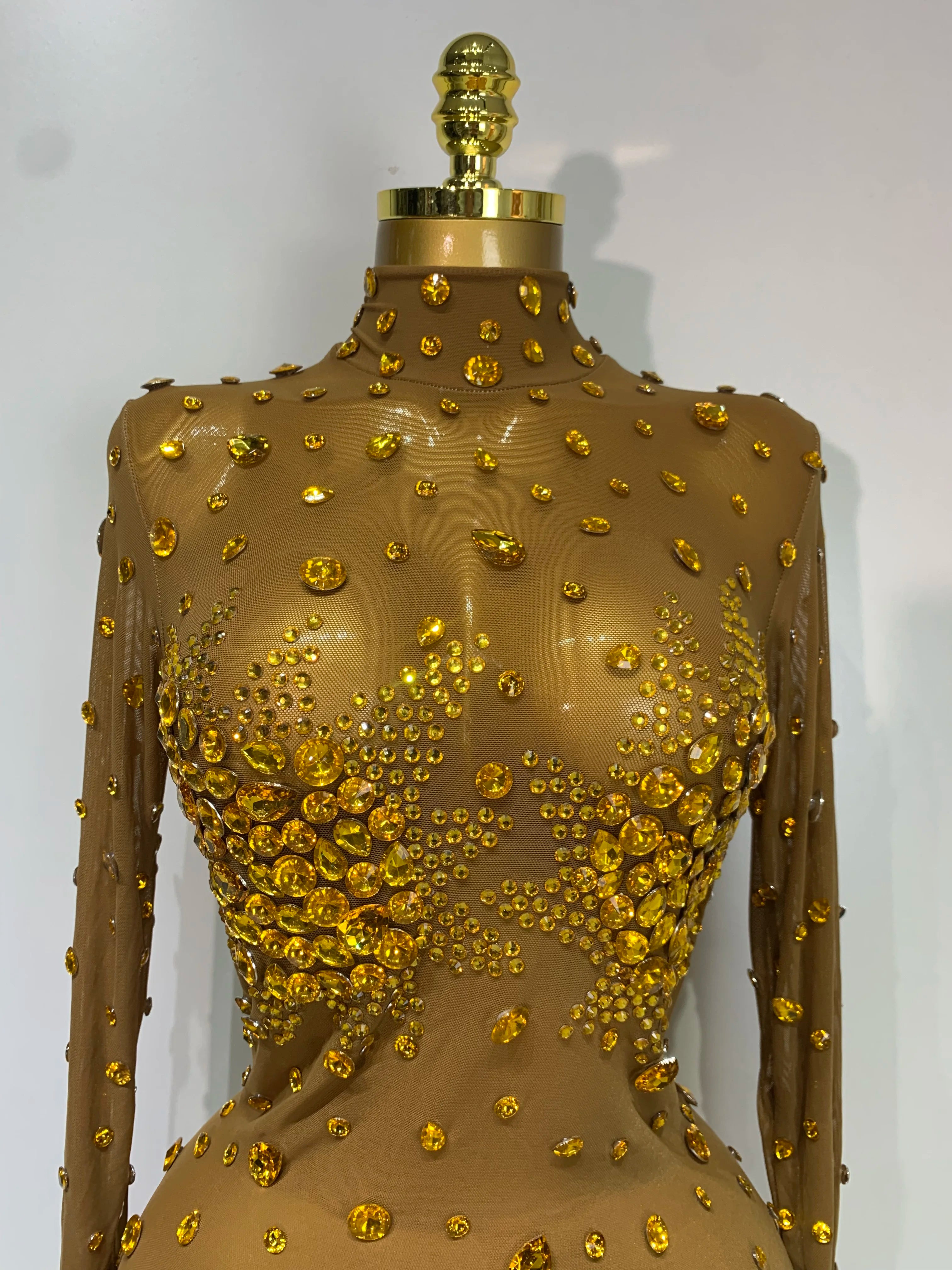 Women Sexy Gold Rhinestones Sparkly See Through Mini Dress Evening Party Fashion Performance Stage Outfit Luxury Birthday Dress