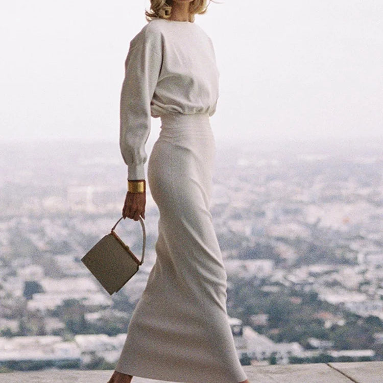 VC Elegant Soft Crewneck White Long Sleeveless Midi Dress for Office-Ready Chic Gown