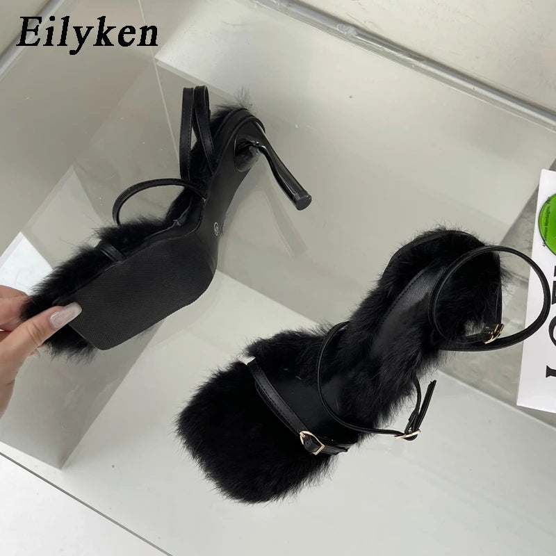 Eilyken 2025 New Brand Plush Fur Fuzzy Sandals Women Thin Heels Fashion Square Toe Ankle Lace Up Buckle Strap Slides Shoes Black