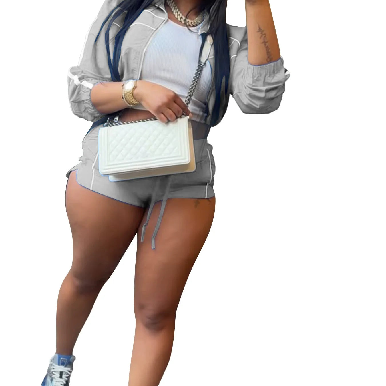 Women's Set Long Sleeve Jacket + Shorts Suit 2025 Summer Streetwear Active Slim Sporty Two 2 Piece Set Outfit Tracksuit GRAY