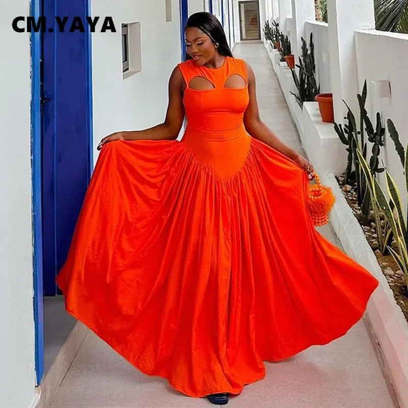 CM.YAYA 2024 Summer Sleeveless Sweet Cute O-Neck Hollow Out Slim Floor-Length Long Women Dress Beach Streetwear Maxi Dresses