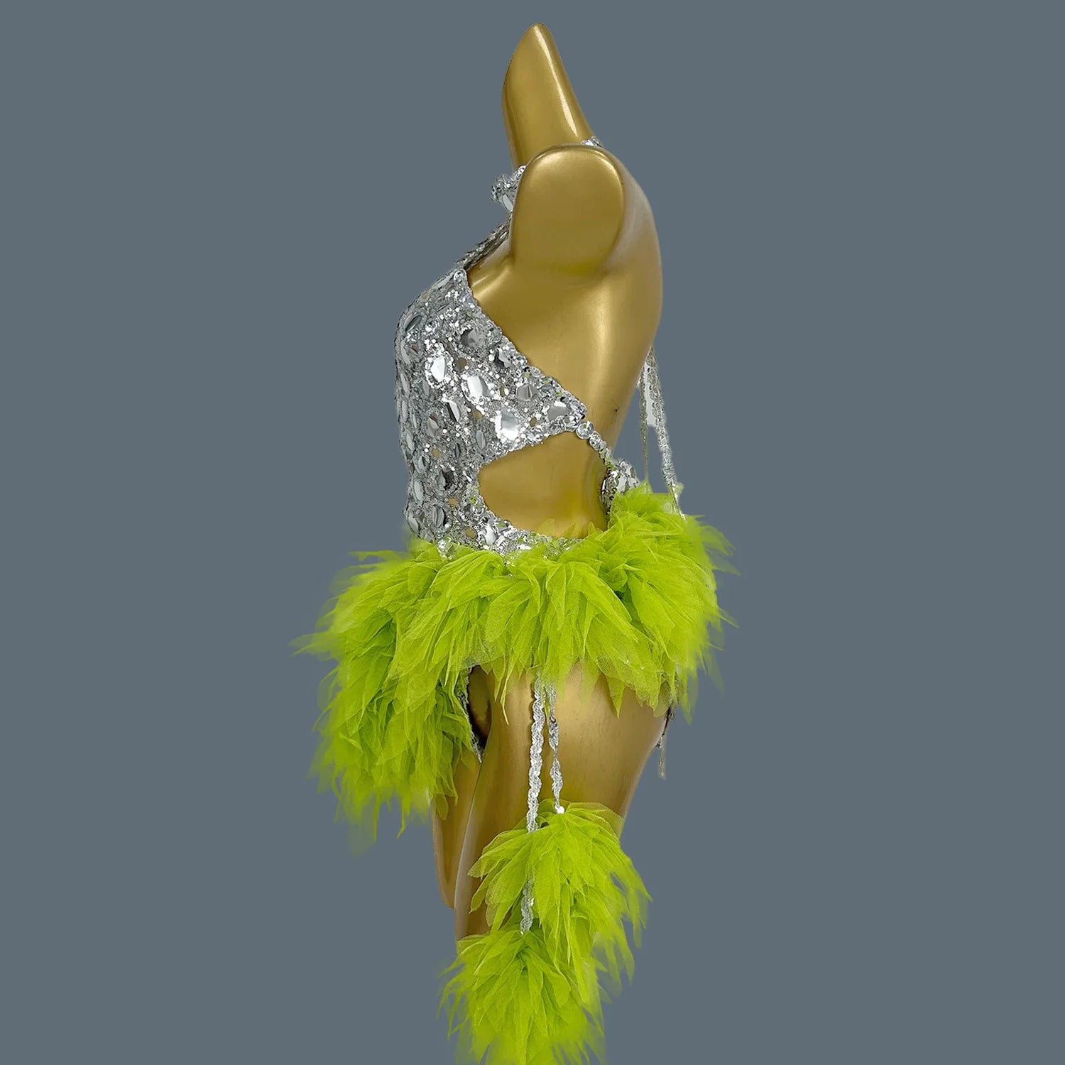 Mesh Performance Costume Bar Dancer Night Club Bodysuit Stage Wear Sparkly Green Fade Mirrors Women Sexy BodyconLeotard Yuanjing