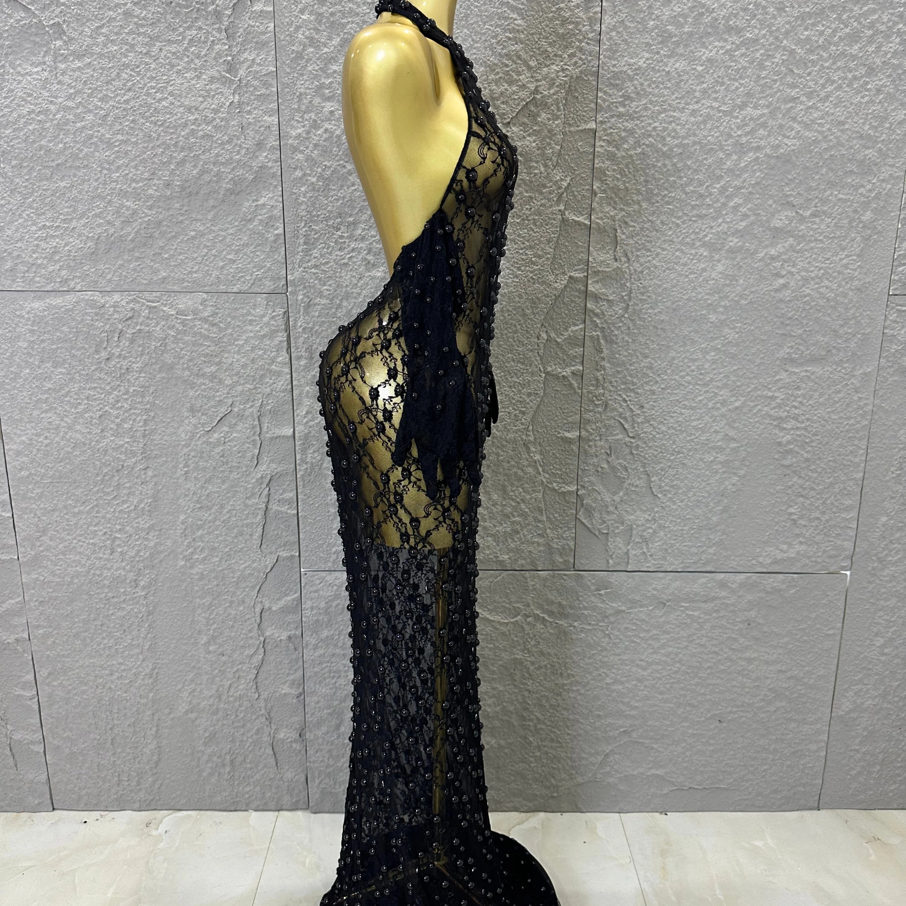 Black Opulent Halter Neck Maxi Sheer Mesh Beaded Lace Dress Form-Fitting Outfit Nightclub Party Evening Gala Costume