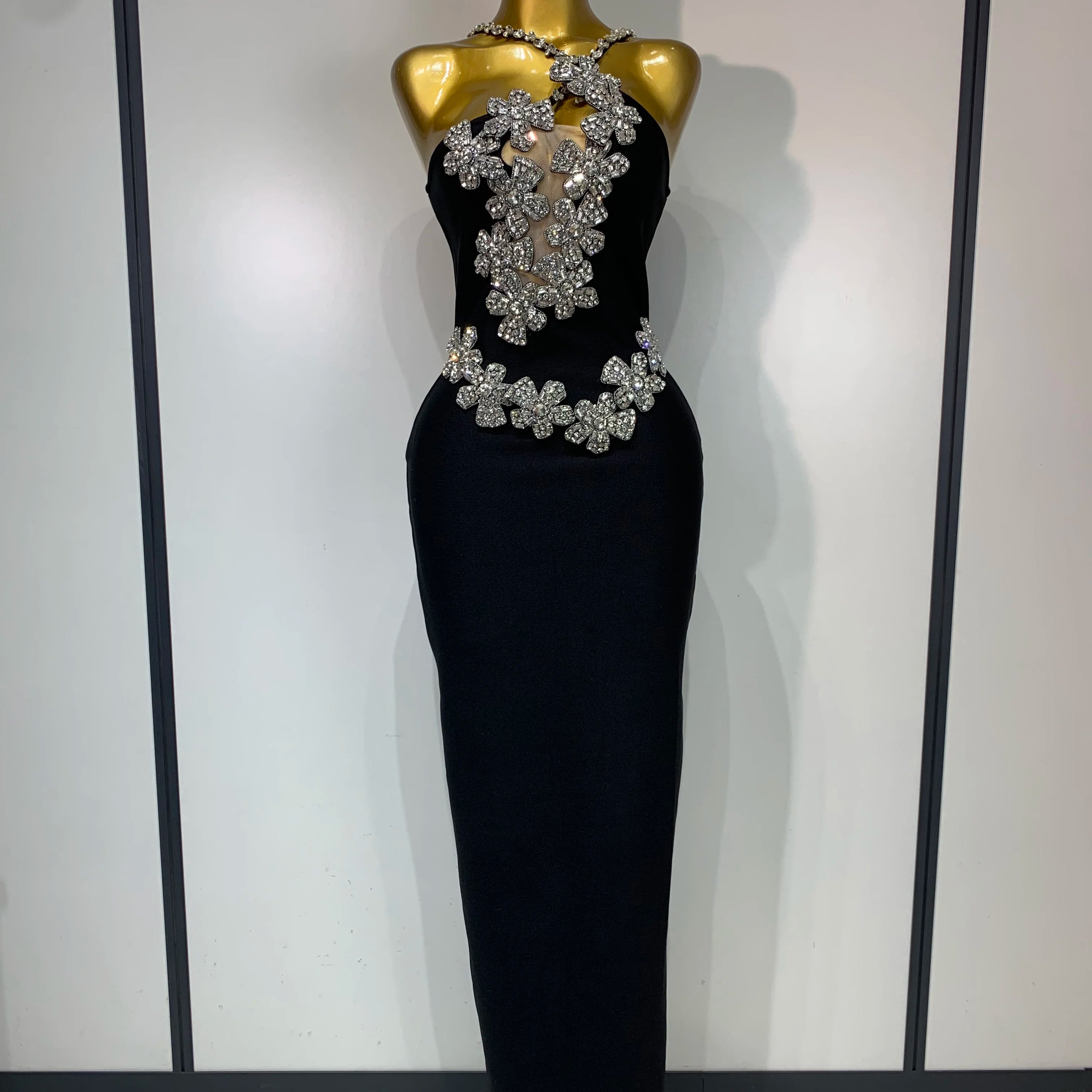 Women Sexy Shining Beading White Maxi Long Bodycon Bandage Dresses Celebrity Birthday Evening Party Elegant Knitted Clothing black