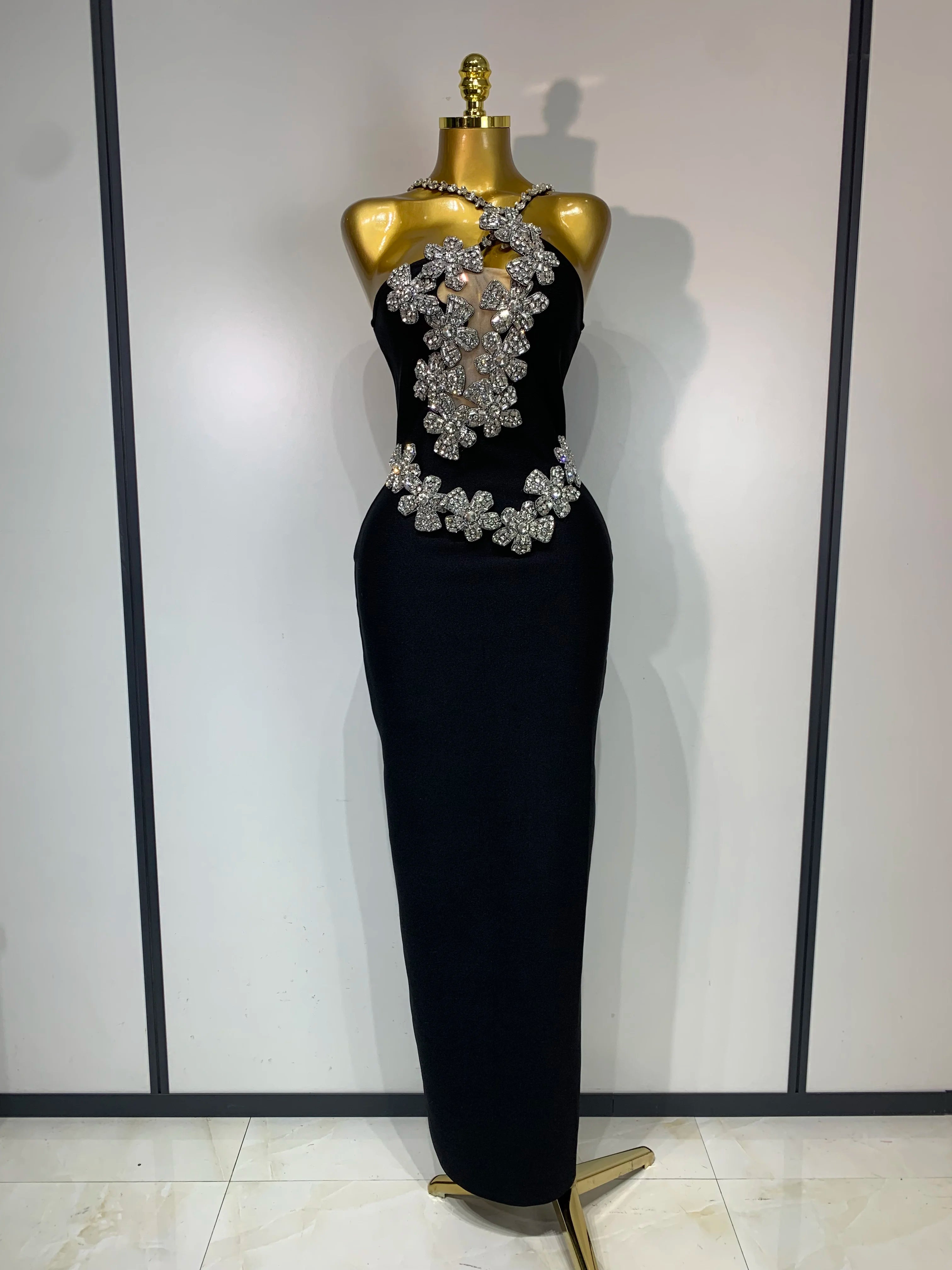 Women Sexy Shining Beading White Maxi Long Bodycon Bandage Dresses Celebrity Birthday Evening Party Elegant Knitted Clothing black