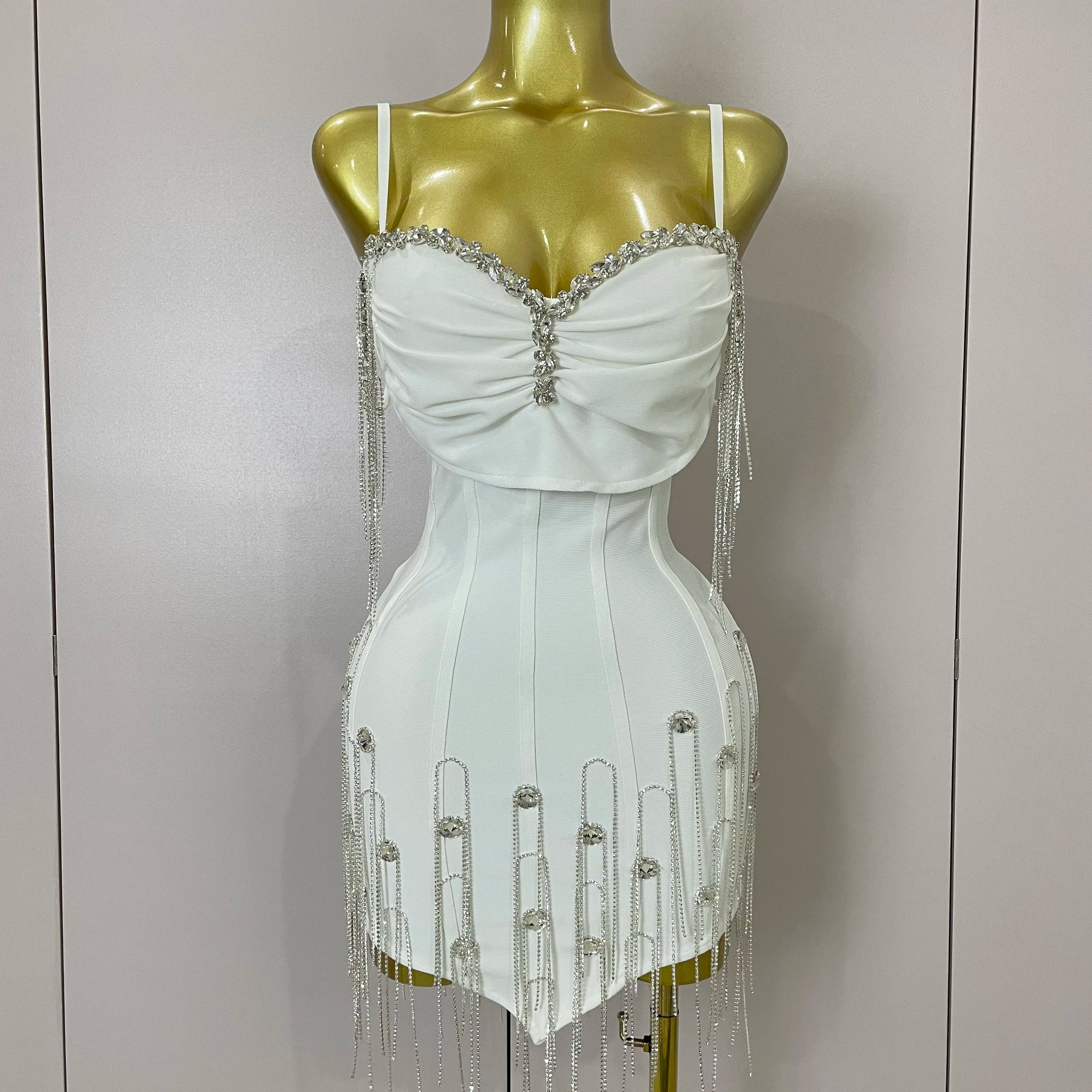 Sexy Backless Spaghetti Strap Black Sleeveless Bodycon Bandage Dress Women Elegant Prom Gown Club Evening Party Birthday Dresses WHITE