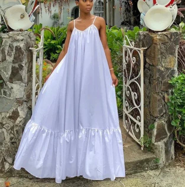 CMYAYA Women Summer Long Maxi Dress Sexy Sleeveless Strap Loose Beach Party Night Club Bandage Female S-5XL Dresses Vestido WHITE