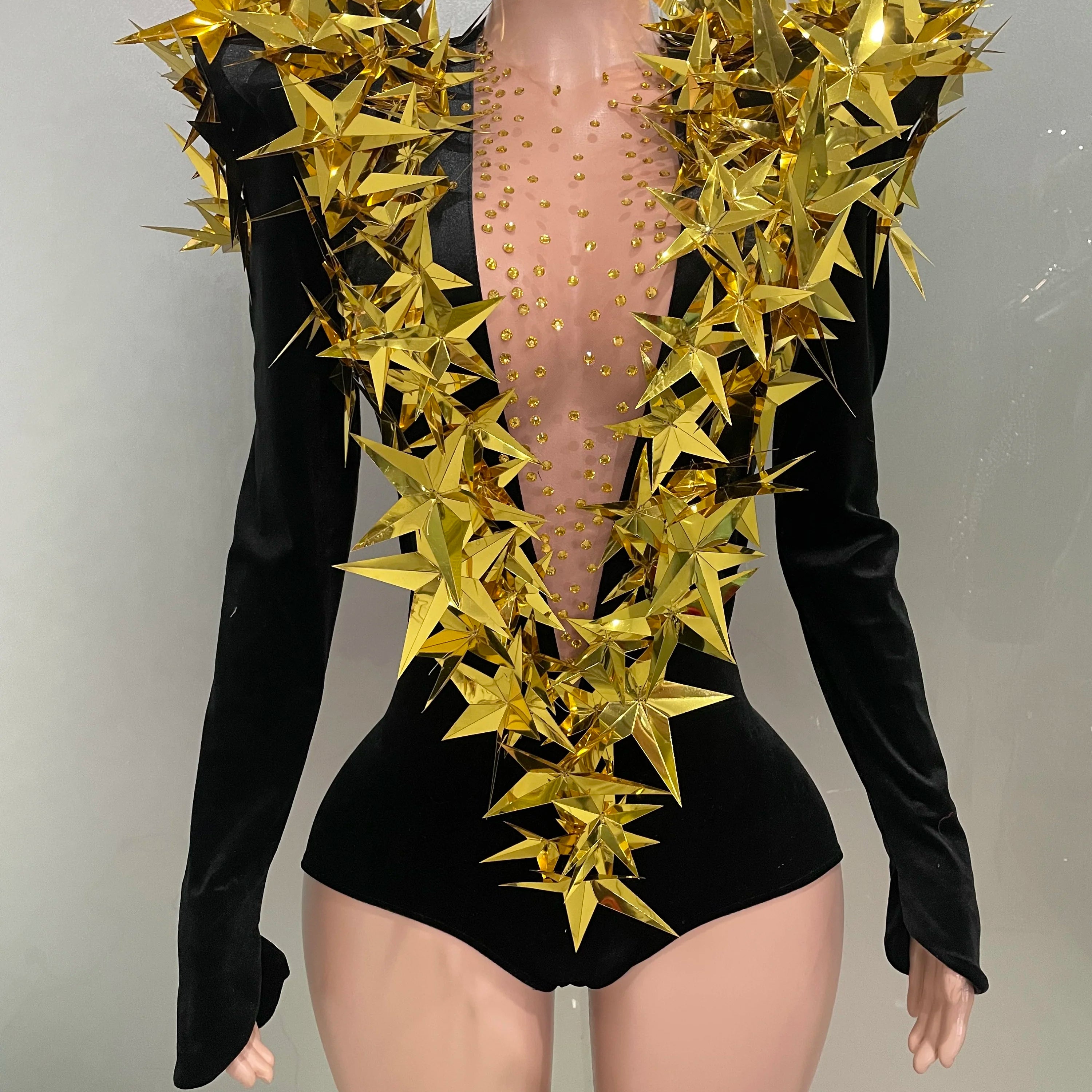 Shiny Gold Rhinestone Black Velvet Long Sleeve Bodysuit 2025 Women Evening Party Club Gala Hosts Night Club Bar Stage Costumes black