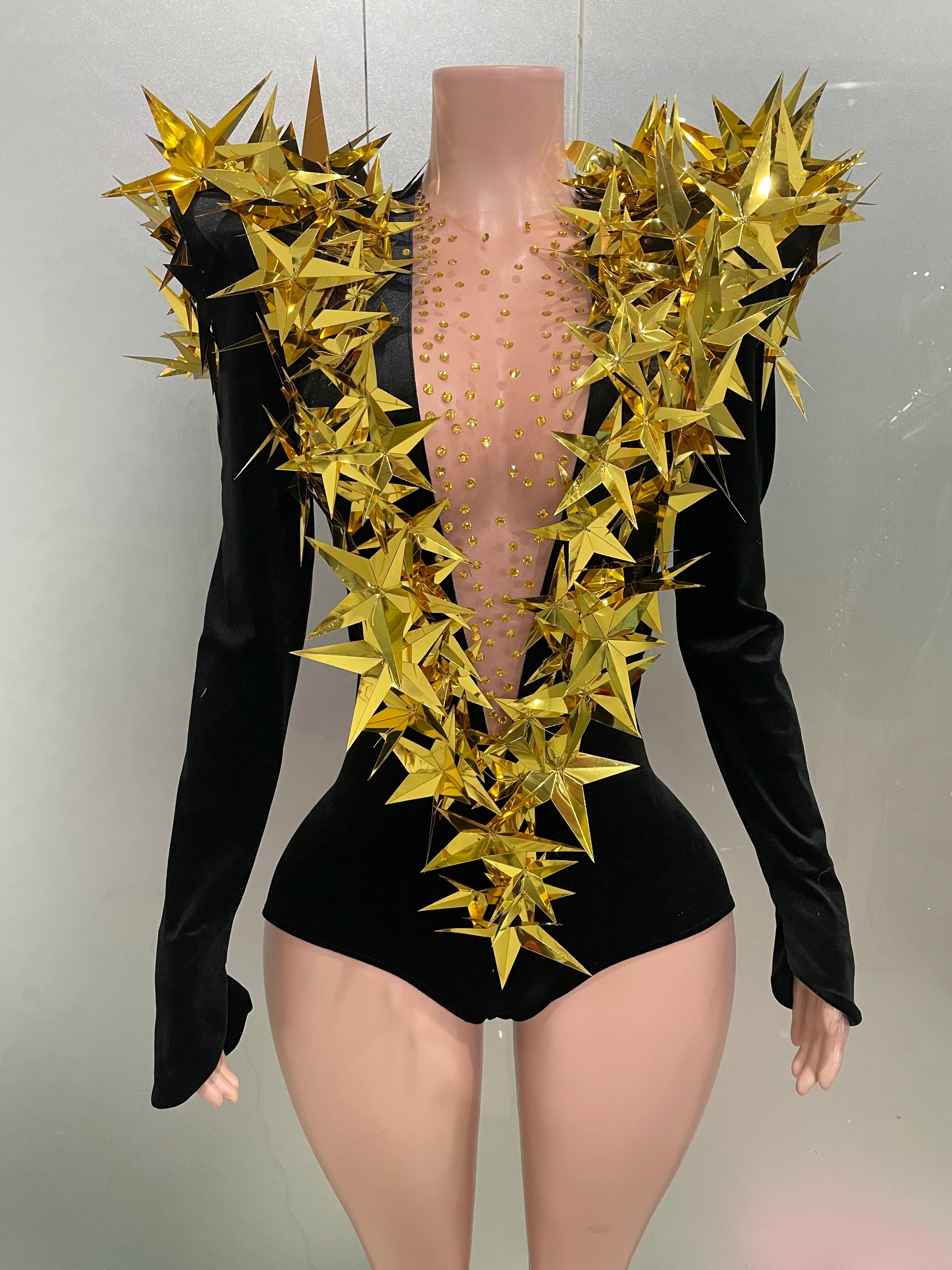 Shiny Gold Rhinestone Black Velvet Long Sleeve Bodysuit 2025 Women Evening Party Club Gala Hosts Night Club Bar Stage Costumes black
