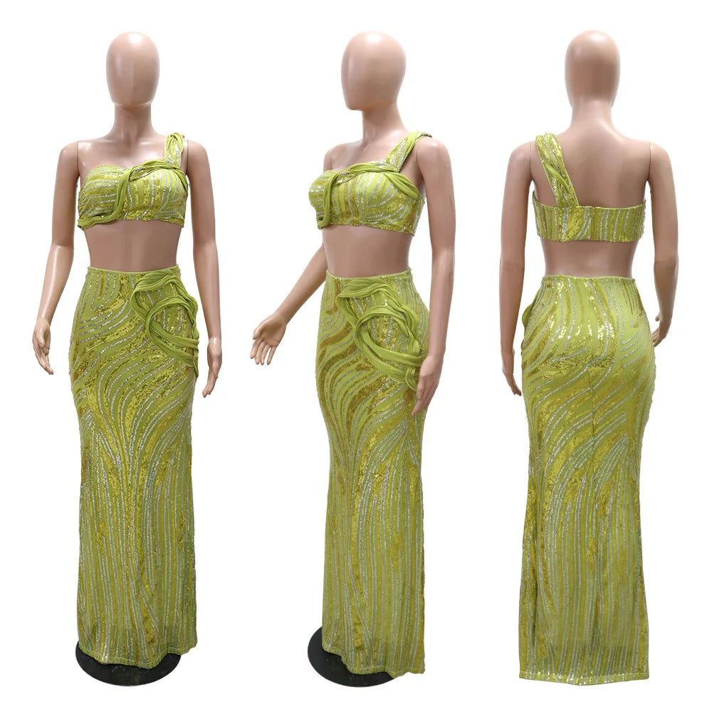 Women’s Dress Set Mesh Sequined Ribbon Sleeveless Strap Top + Long Skirts Sets 2 Two Pcs Sets Sexy Party Evening Oufits
