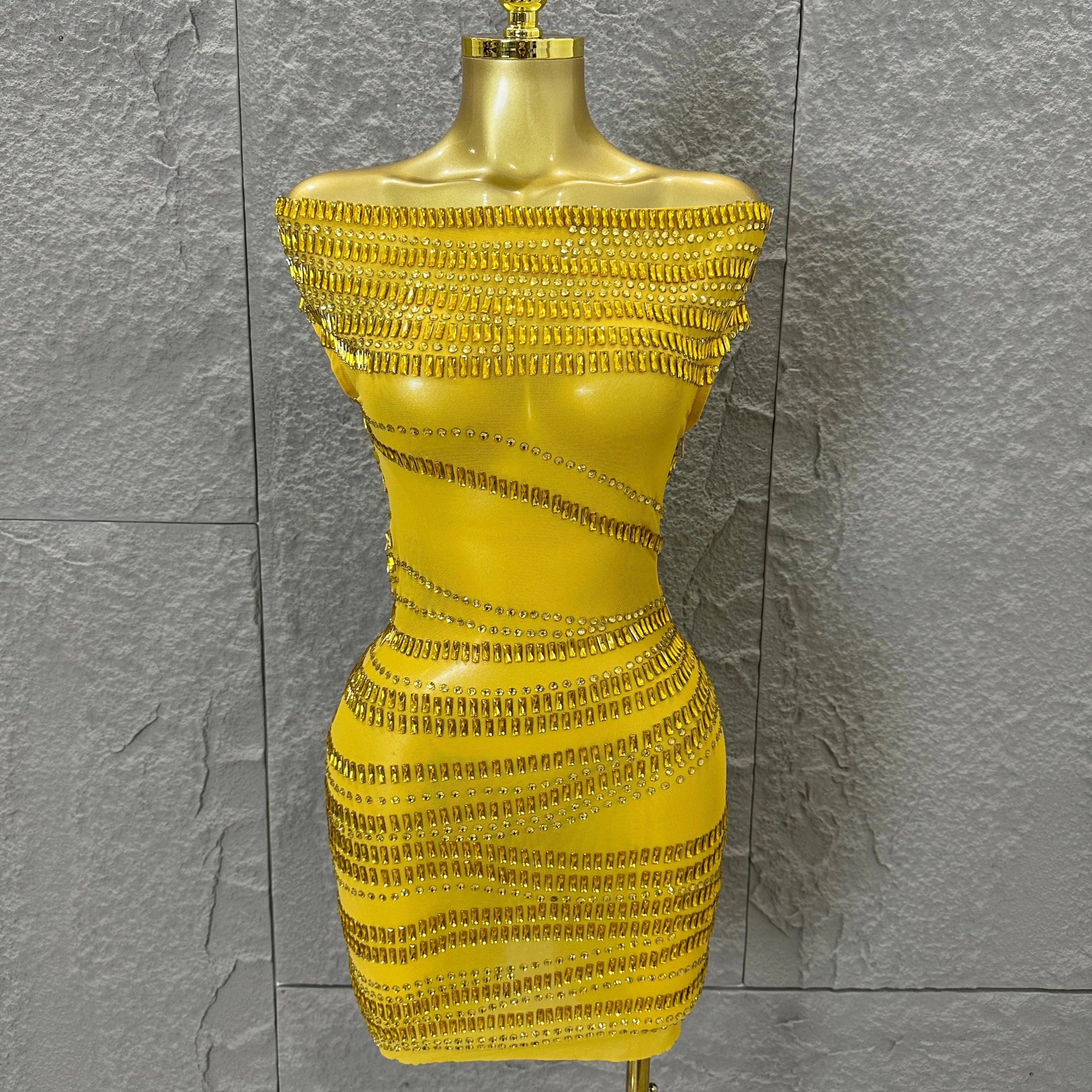 Luxury Gold Off-Shoulder Mini Dress Women Sexy Sheer Mesh Full Gold Crystal Embellished Form-Fitting Outfit Formal Event Party Gold