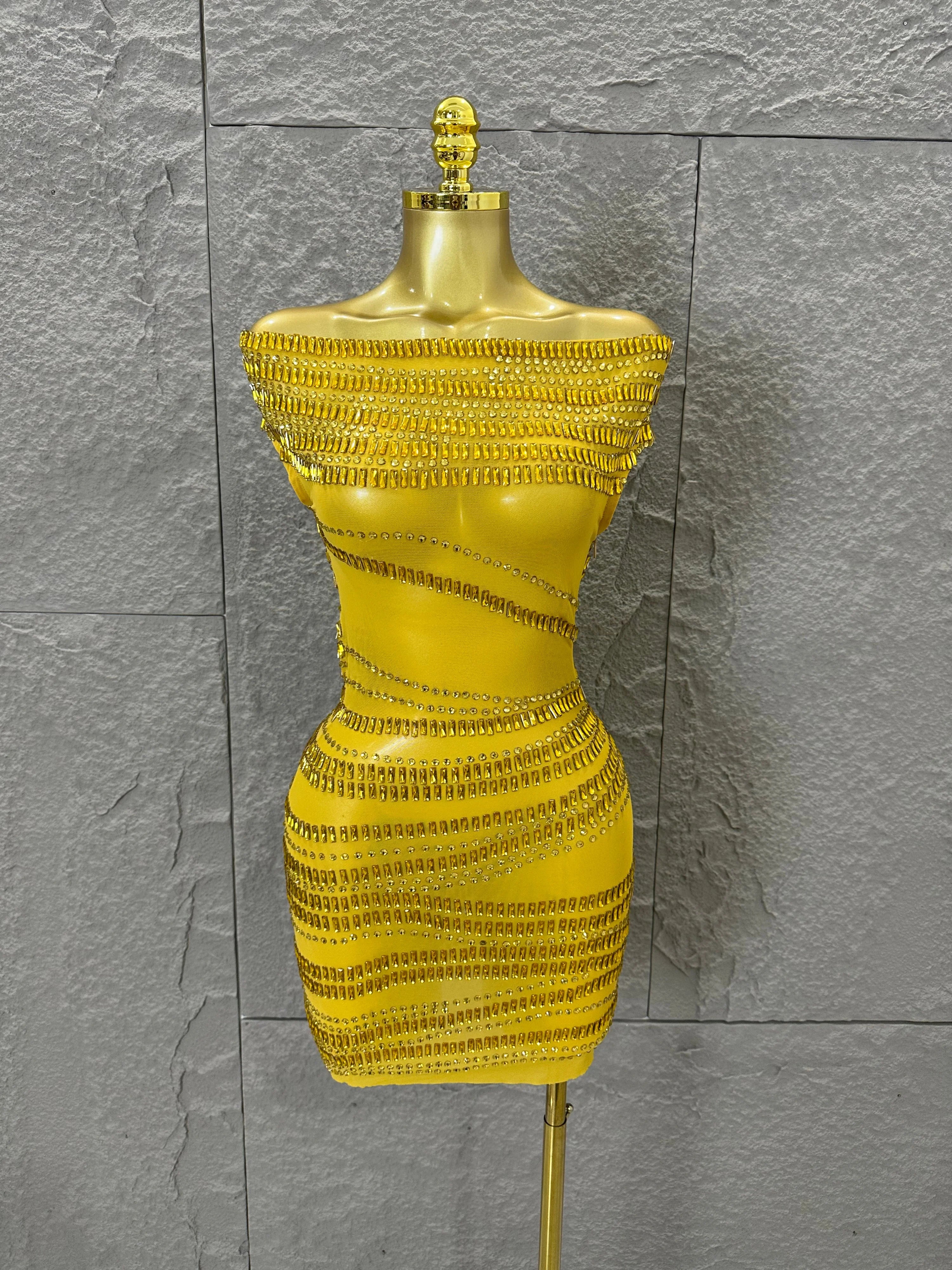 Luxury Gold Off-Shoulder Mini Dress Women Sexy Sheer Mesh Full Gold Crystal Embellished Form-Fitting Outfit Formal Event Party Gold
