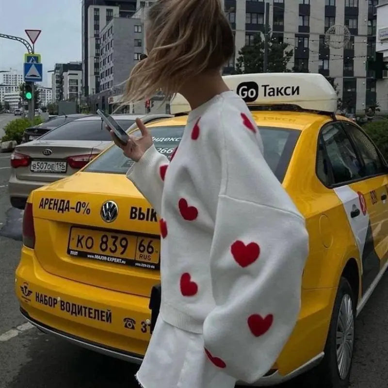 Women Embroidery Love Heart Knitted Sweaters Long Sleeve Vintage Y2K Casual Sweet O Neck Pullovers Winter Warm Sweater Tops