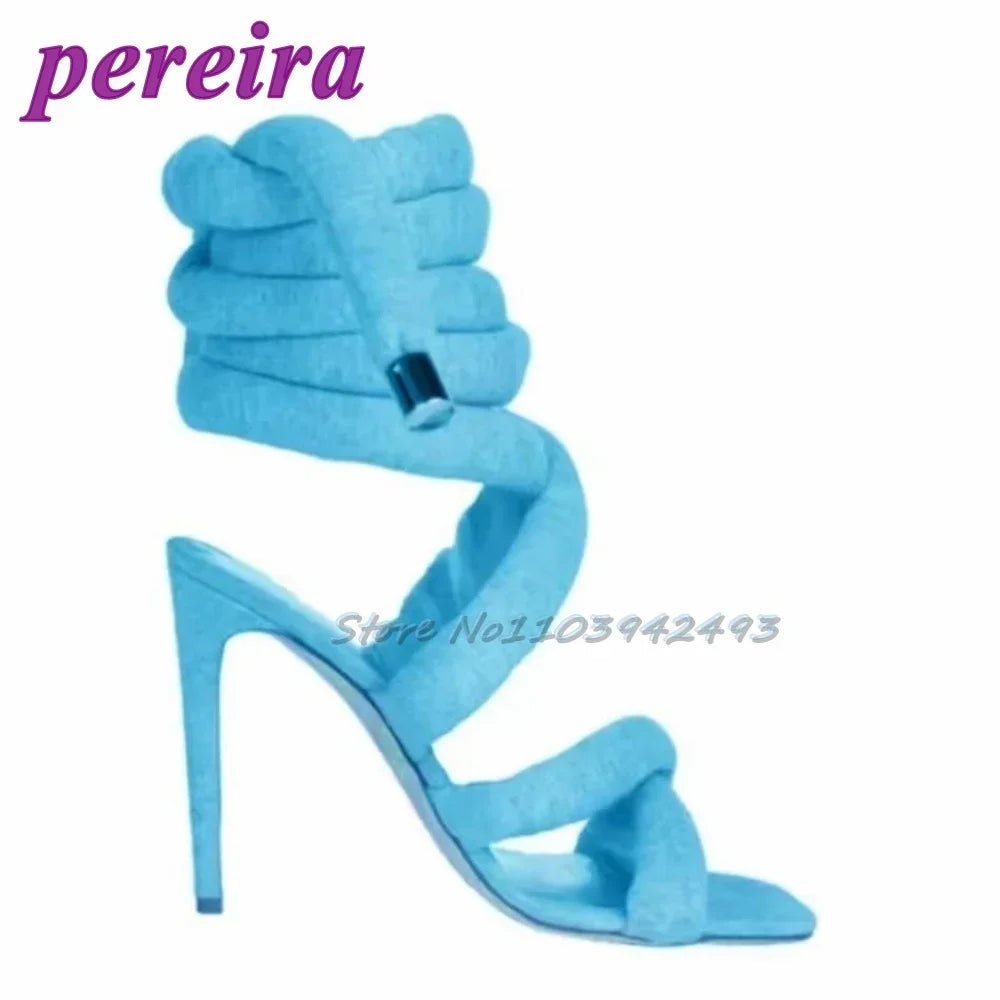 Silver Gladiator Heels Square Toe Ankle Strap Heeled Sandals Roman Style Stiletto Designer Women Shoes Summer Sandalias De Mujer Blue