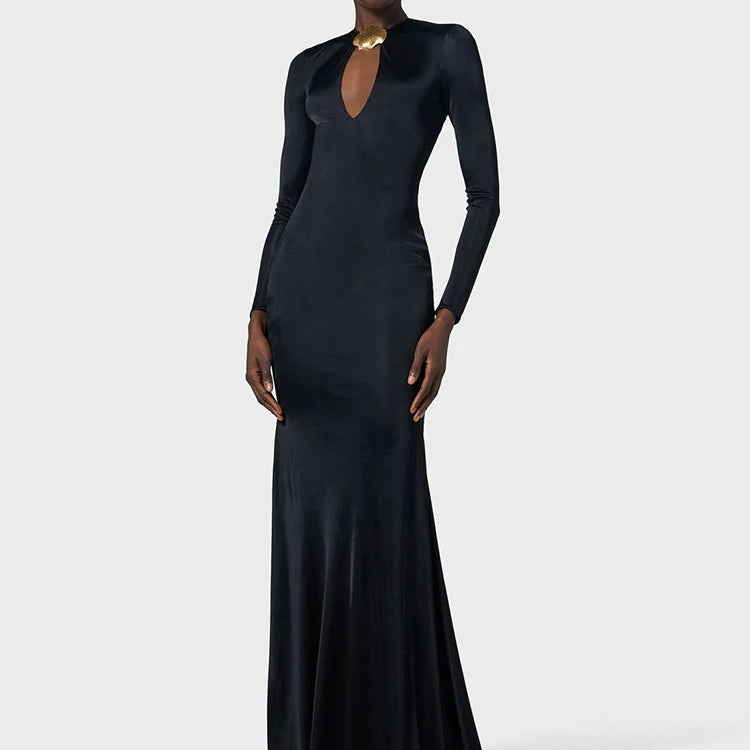 Sophisticated Long Sleeved Black Maxi Dress with Cut-Out and Open Back for Gala Affairs Evening Gown